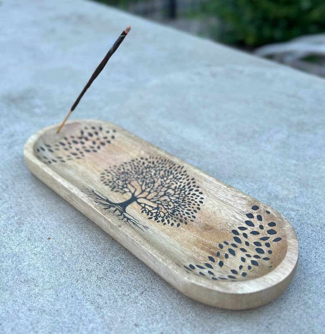 Wooden Boat-Shaped Incense Burner Holder Tree Of Life: White - Refined Man Of Candles