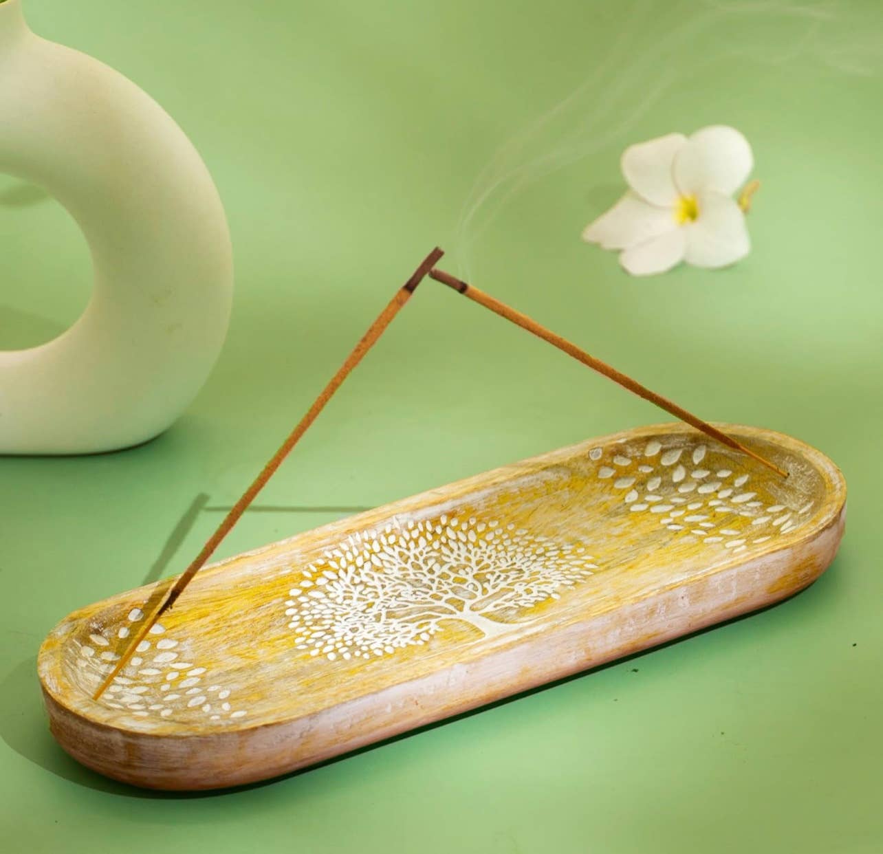 Wooden Boat-Shaped Incense Burner Holder Tree Of Life: White - Refined Man Of Candles