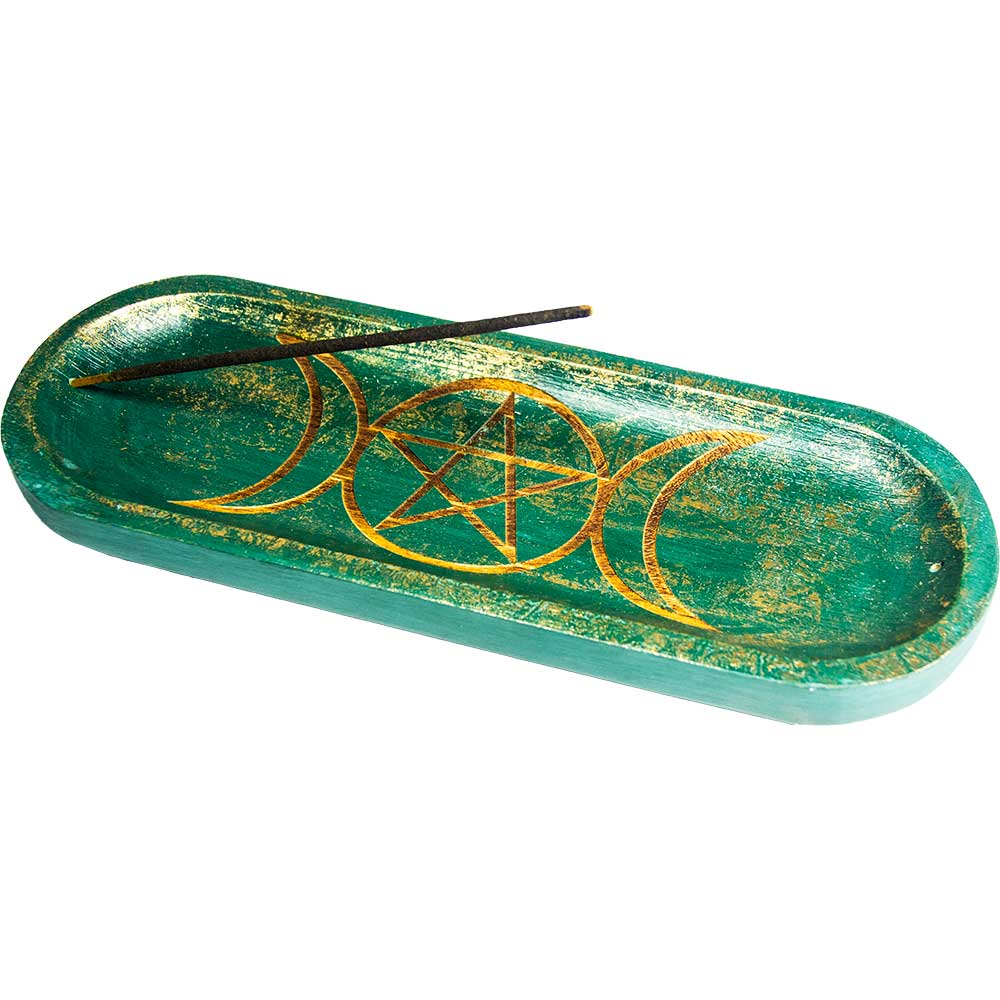 Mango Wood Incense Holder Engraved-Triple Moon Pentacle Grn: Green / Mango Wood