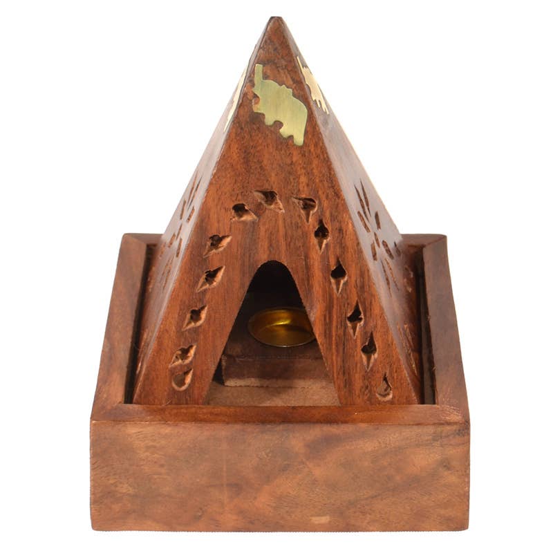Sheesham Wood Pyramid Incense Cone Burner Box with Elephant - Refined Man Of Candles