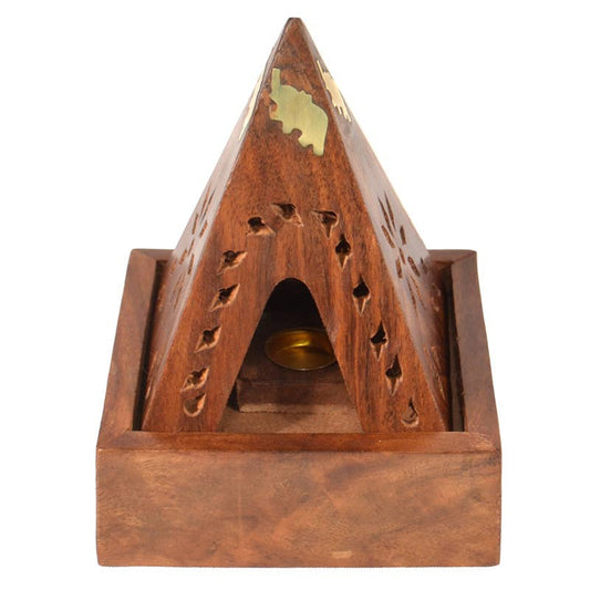 Sheesham Wood Pyramid Incense Cone Burner Box with Elephant - Refined Man Of Candles